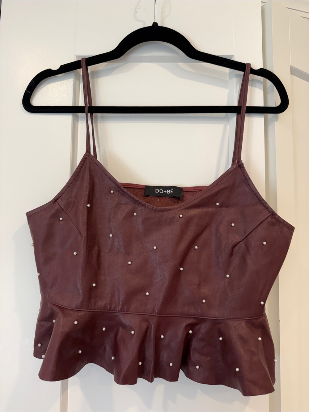 DO+BE Burgundy Faux-Leather Pearl-Stud Peplum Cami